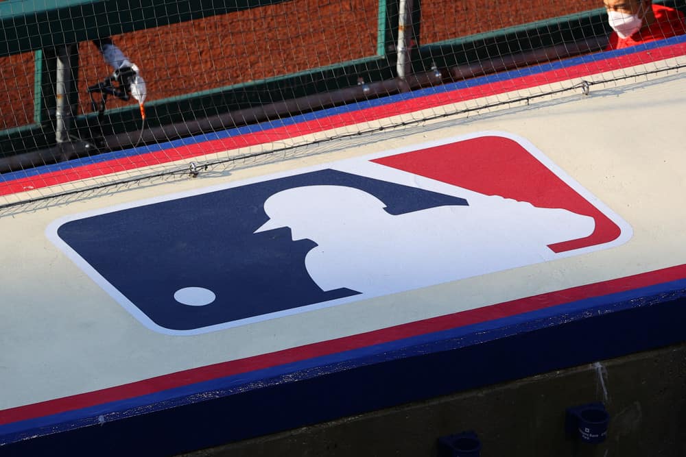 A general view of the MLB logo atop the Philadelphia Phillies dugout during the Major League Baseball game between the Philadelphia Phillies and the Toronto Blue Jays on September 20, 2020 at Citizens Bank Park in Philadelphia, PA.