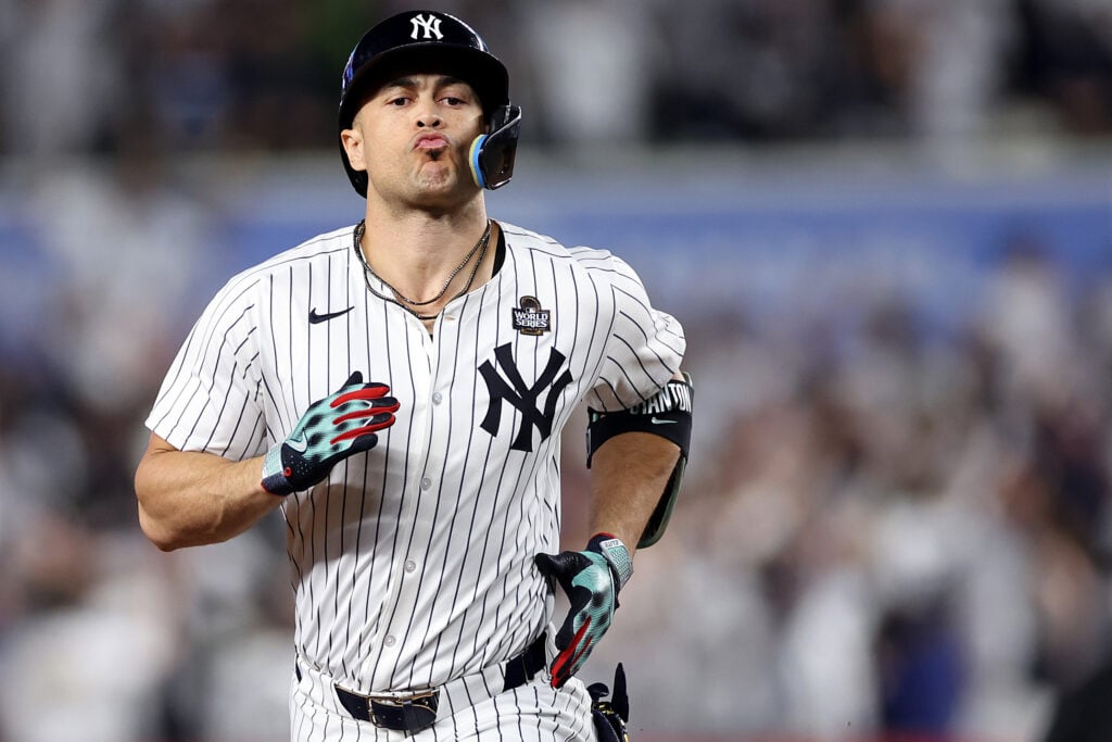 NEW YORK, NEW YORK - OCTOBER 30: Giancarlo Stanton #27 of the New York Yankees rounds the bases after hitting a solo home run during the third inning of Game Five of the 2024 World Series against the Los Angeles Dodgers at Yankee Stadium on October 30, 2024 in the Bronx borough of New York City.