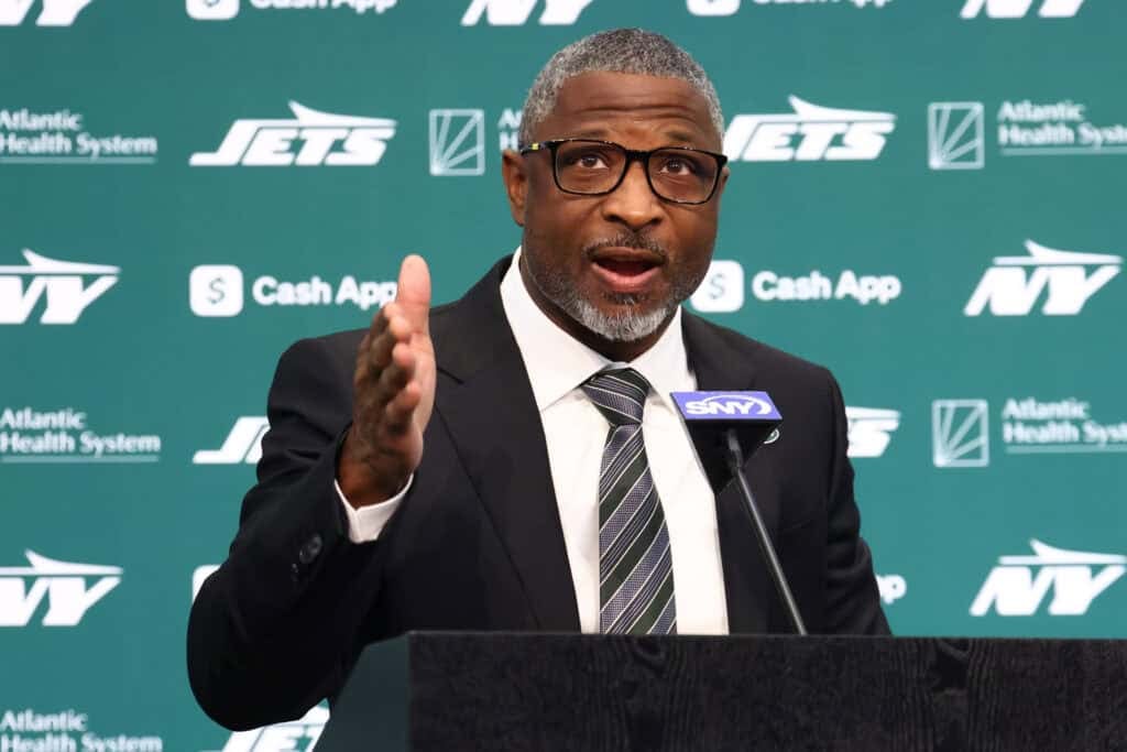 FLORHAM PARK, NEW JERSEY - JANUARY 27: New York Jets head coach Aaron Glenn is introduced to the media at Atlantic Health Jets Training Center on January 27, 2025 in Florham Park, New Jersey.