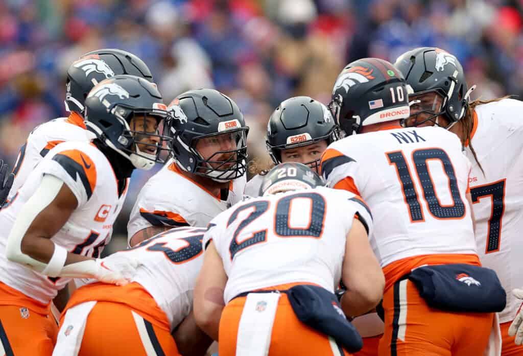 ORCHARD PARK, NEW YORK - JANUARY 12: Bo Nix #10 of the Denver Broncos huddles with teammates in the second quarter against the Buffalo Bills during the AFC Wild Card Playoffs at Highmark Stadium on January 12, 2025 in Orchard Park, New York.