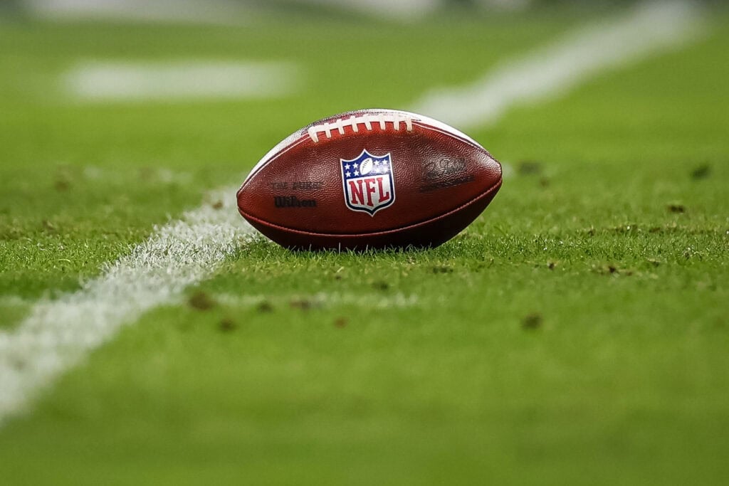 BALTIMORE, MD - JANUARY 11: A general view of an NFL football on the field during the second half of the AFC Wild Card Playoff game between the Baltimore Ravens and the Pittsburgh Steelers at M&T Bank Stadium on January 11, 2025 in Baltimore, Maryland.
