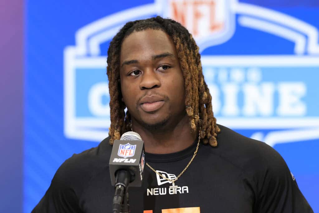 INDIANAPOLIS, INDIANA - FEBRUARY 28: Ashton Jeanty #RB15 of Boise State speaks to the media during the NFL Combine at Lucas Oil Stadium on February 28, 2025 in Indianapolis, Indiana.