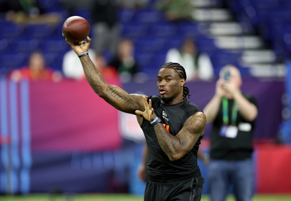 INDIANAPOLIS, INDIANA - MARCH 01: Jalen Milroe #QB11 of Alabama participates in a drill during the NFL Scouting Combine at Lucas Oil Stadium on March 01, 2025 in Indianapolis, Indiana.