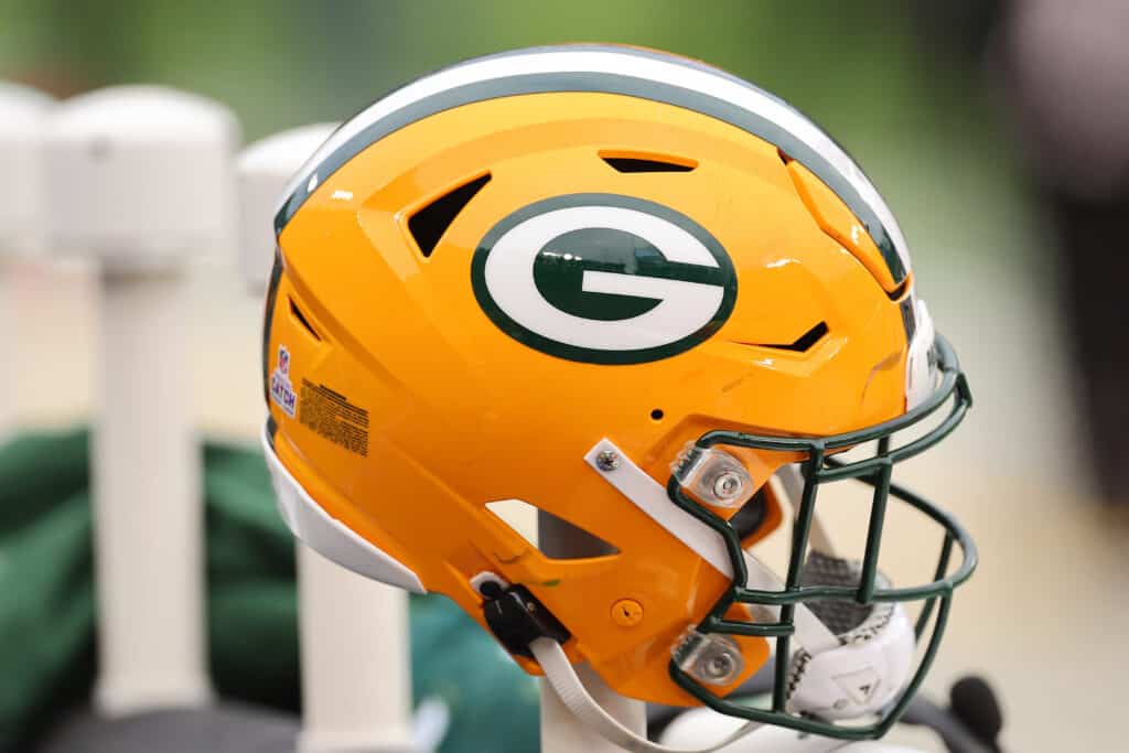 GREEN BAY, WISCONSIN - OCTOBER 29: A detail of a Green Bay Packers helmet against the Minnesota Vikings during the second quarter at Lambeau Field on October 29, 2023 in Green Bay, Wisconsin.