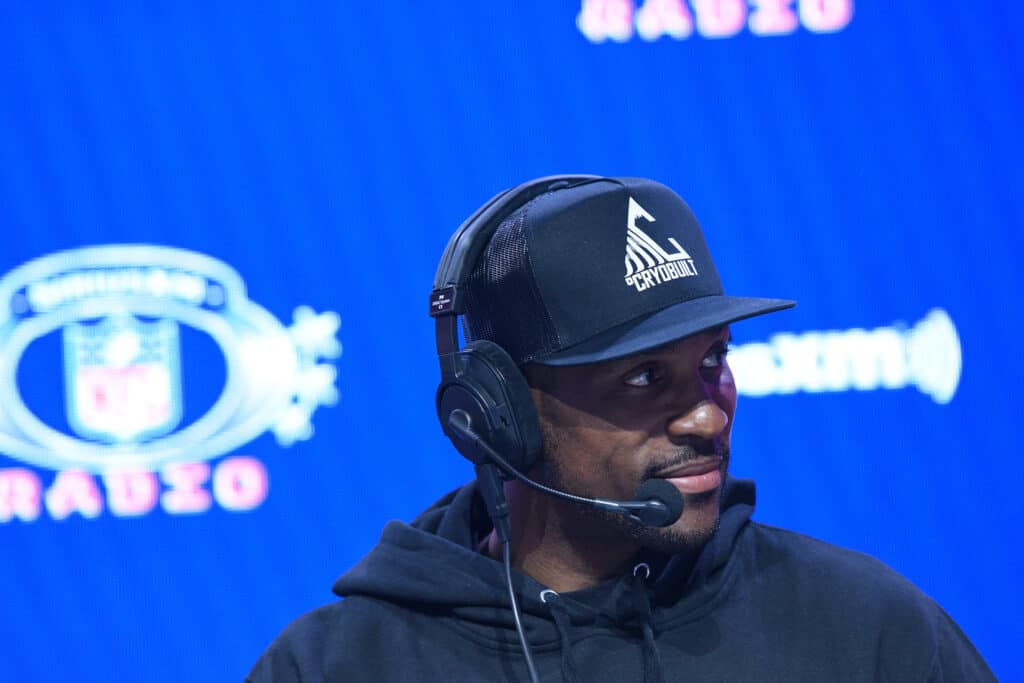 Former NFL player Patrick Peterson speaks during an interview on day 3 of SiriusXM At Super Bowl LVI on February 11, 2022 in Los Angeles, California.